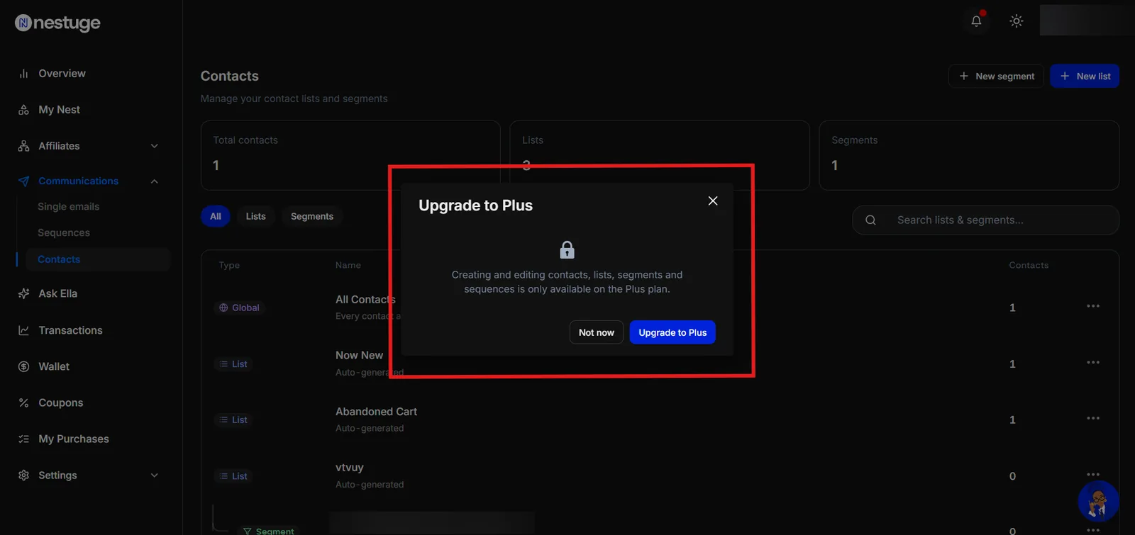 The Contacts screen dimmed behind an Upgrade to Plus dialog, with the contact, list and segment counts still legible behind it.