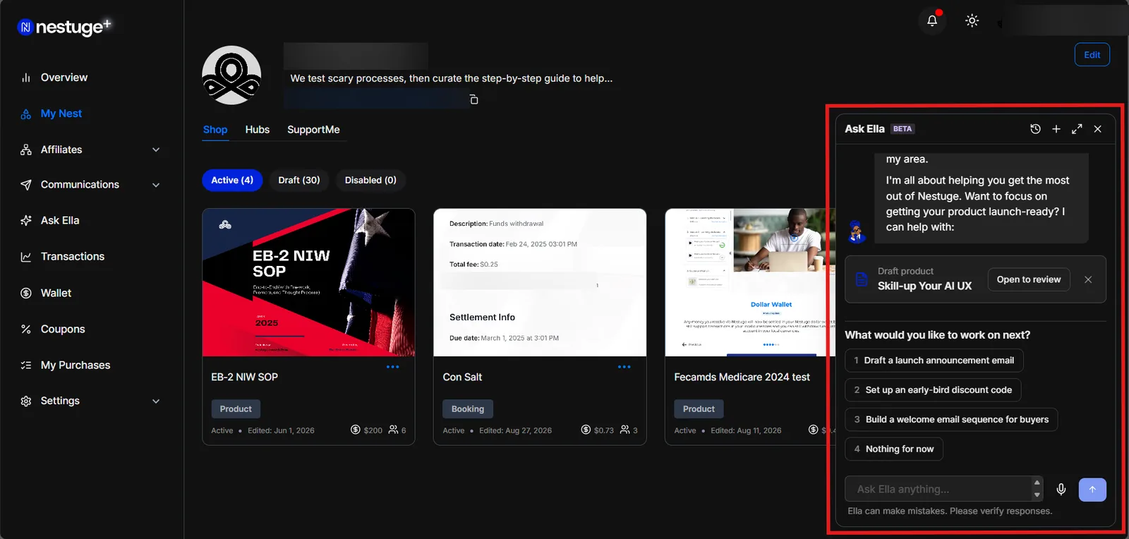 The Ask Ella panel docked to the right of the My Nest dashboard, the product grid still visible and usable beside it.