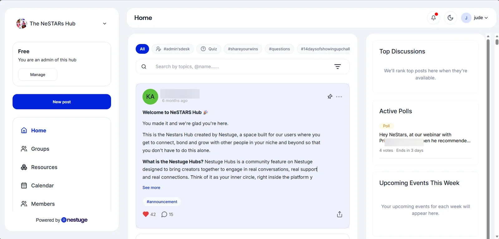 The second version: a persistent left navigation, a filtered feed, and a right rail of top discussions, active polls and upcoming events.