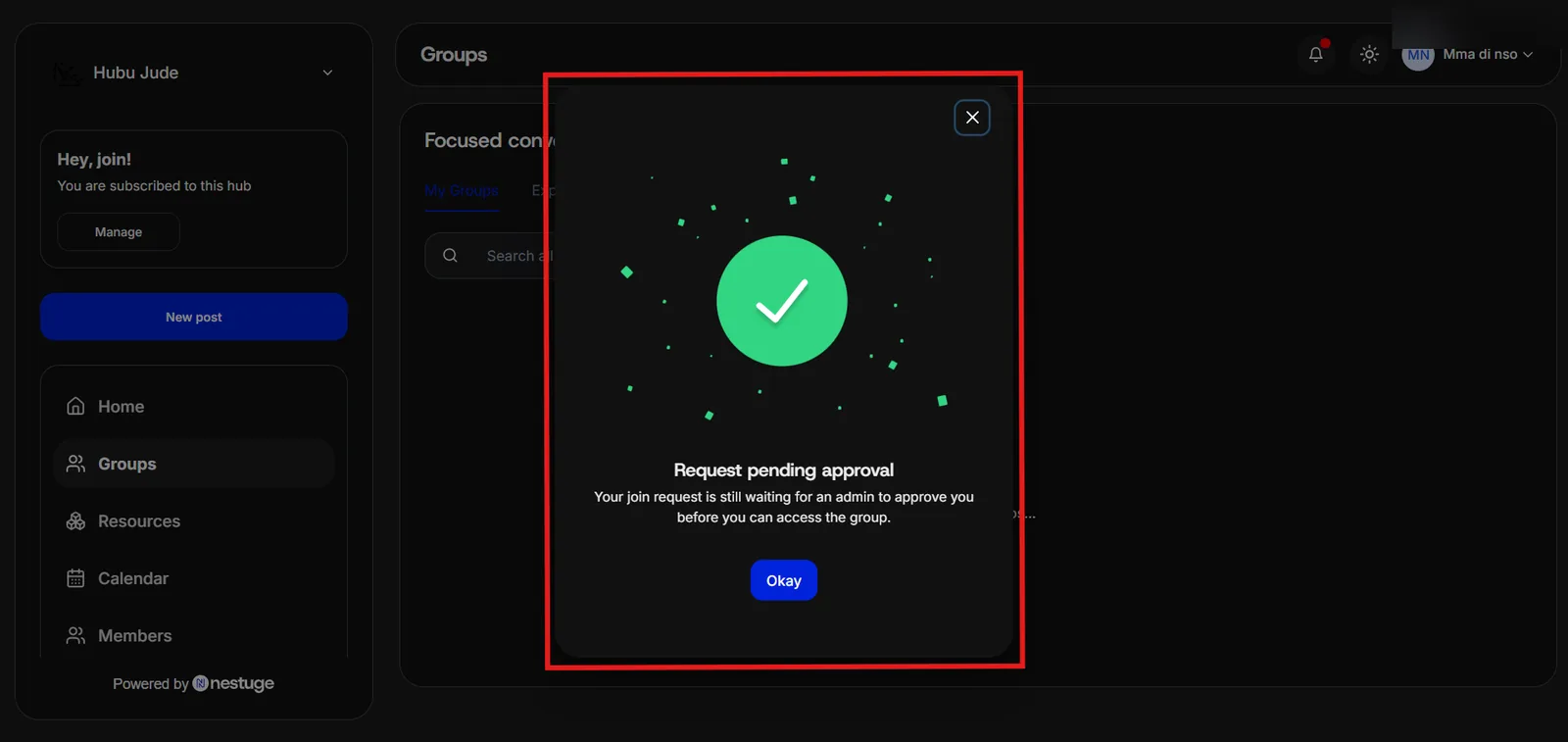 The state after payment: a green tick above the words Request pending approval, explaining the join request is waiting on an admin.