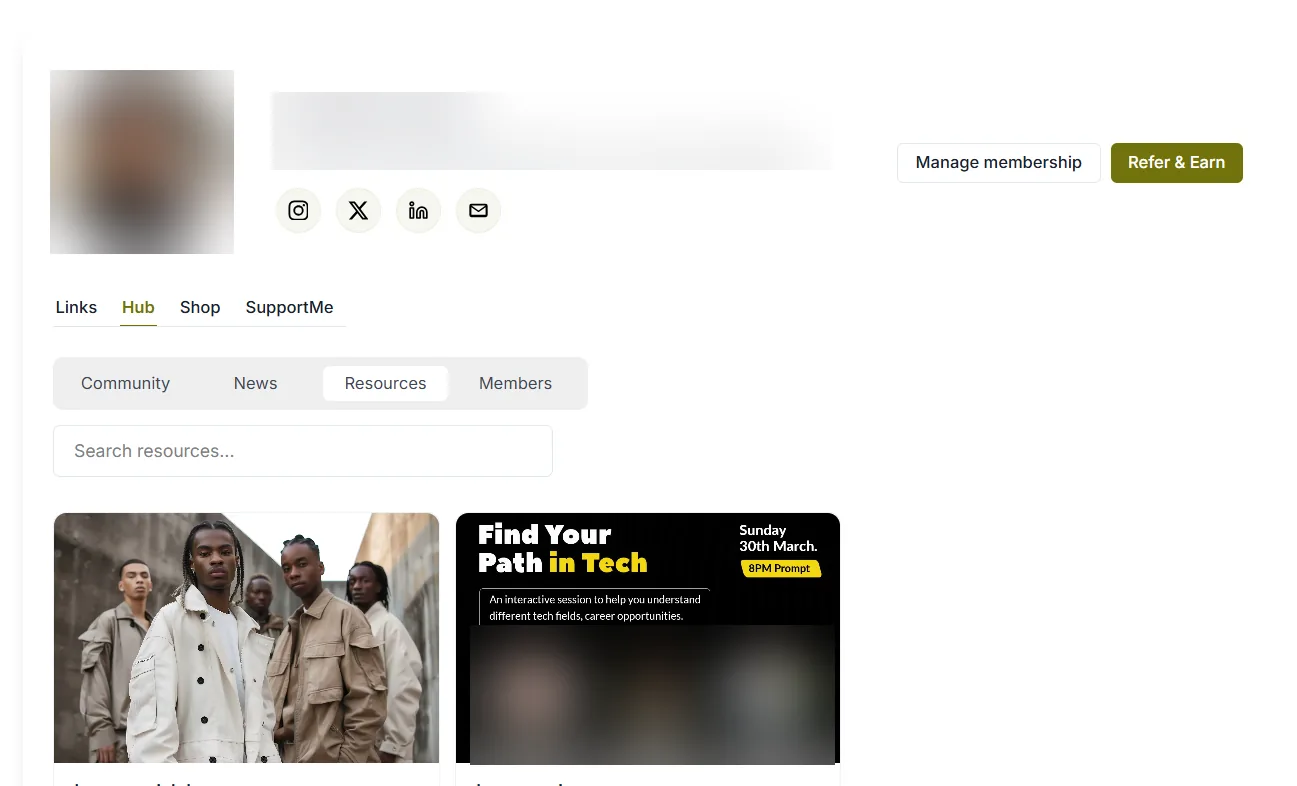 The first version: a creator profile page with a tab strip for Community, News, Resources and Members.